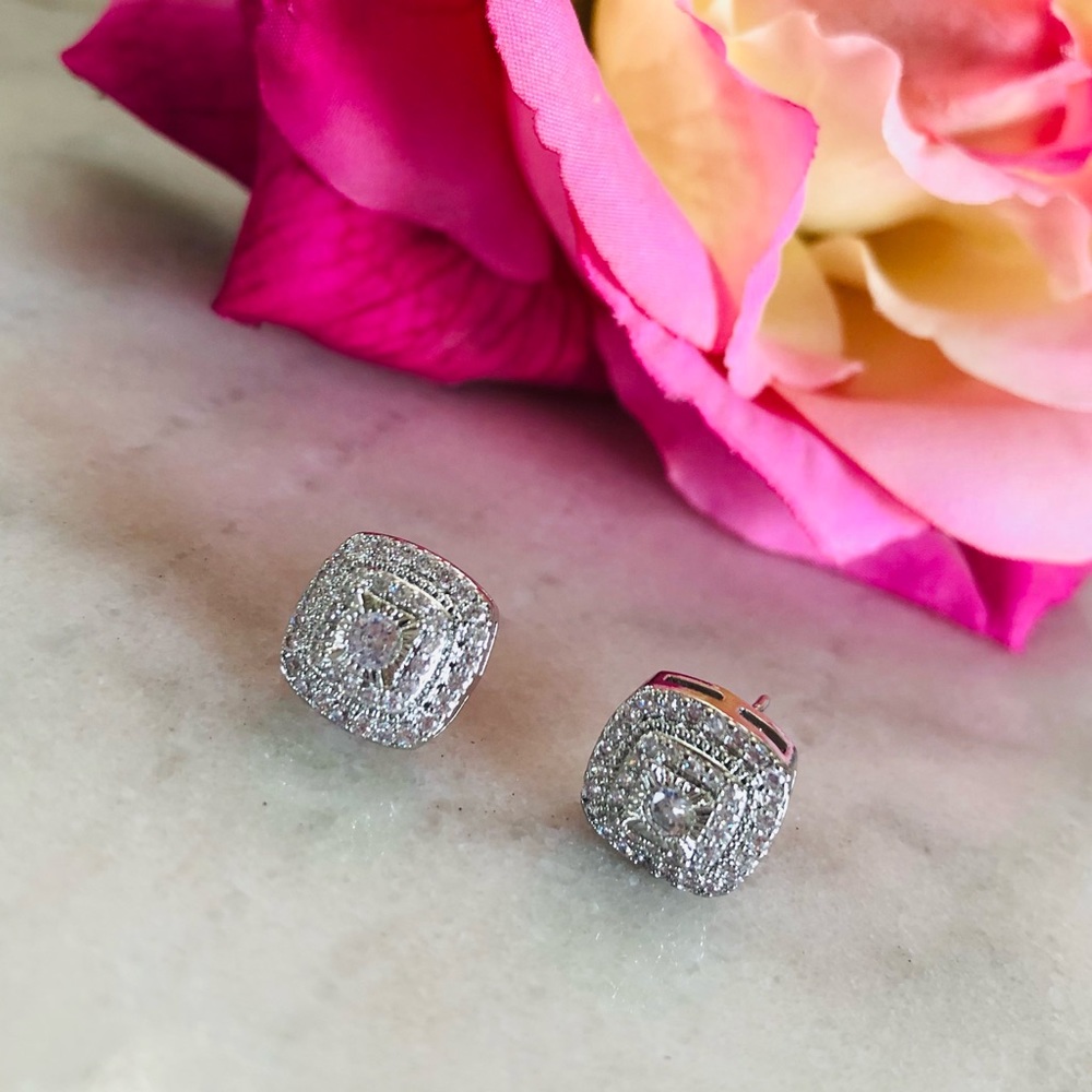 White Sapphire Silver Stud Earrings - Picture 2 of 4